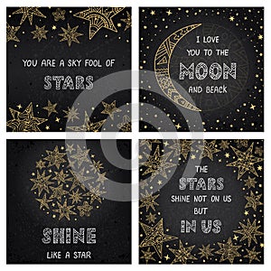 Postcards with the image of the night sky, stars, moon and inscriptions. Vector cards with hand-drawn doodle elements