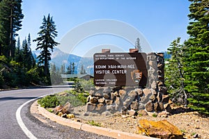 Posted sign for Kohm Yah-mah-nee Visitor Center in Lassen Volcanic National Park, Northern California