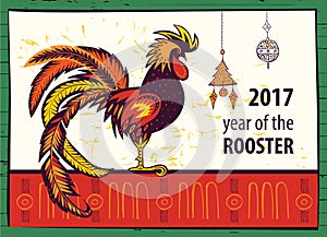 Poster of 2017 Chinese New Year of the Rooster. Vector hand dra