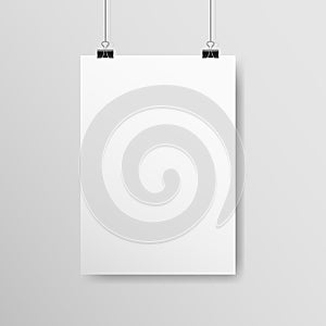 Poster A4 mockup. White vertical empty paper with clips. Realistic template hanging on a light wall. White sheet with