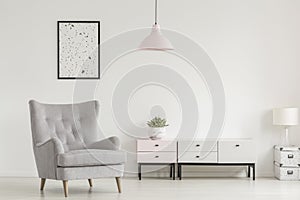 Poster above grey armchair and lamp in white living room interior with plant on cabinet. Real photo photo