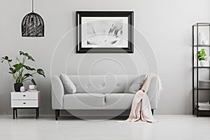 Poster above grey sofa with pink blanket in living room interior