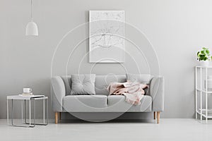 Poster above grey sofa with pink blanket in living room interior