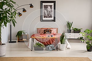 Poster above red bed with blanket in grey bedroom interior with plants and carpet