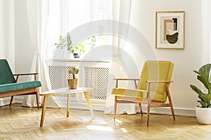 Poster above yellow wooden armchair at table in retro living room interior with window. Real photo