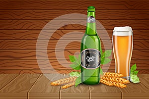 Poster ads template with realistic tall beer glass, malted, hops and bottle with classic light beer on a wood desks