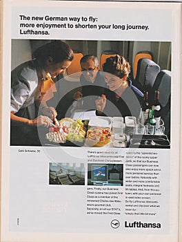 Poster advertising Lufthansa Airlines in magazine from 1992, The new German way to fly slogan