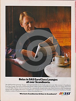 Poster advertising SAS Scandinavian Airlines in magazine from 1992, Relax in SAS EuroClass Lounges all over Scandinavia slogan