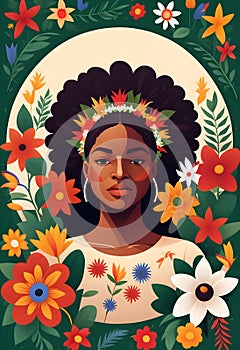 a poster for an african woman with flowers blooming arround photo