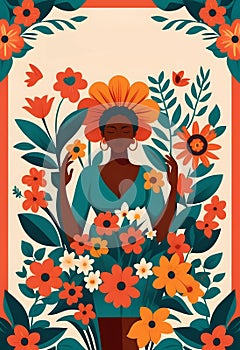 a poster of an african woman wearing headdress in blue dress with flowers blooming arround her photo