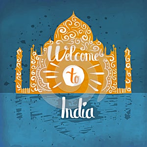 A poster on aged paper. The trip to India. An Asian country. Vector