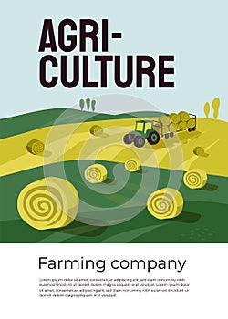 Poster for agriculture or farming company with tractor on hayfield