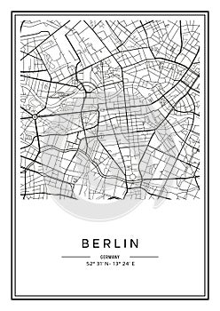 Black and white printable Berlin city map, poster design.