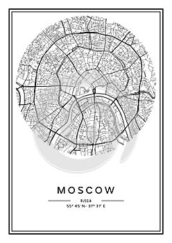 Black and white printable Moscow city map, poster design.