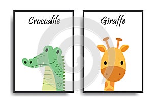 Poster with animals. Cartoon characters. Cartoon animal. Crocodile and Giraffe