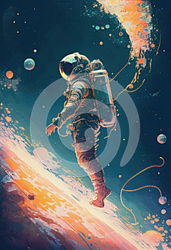 A poster of an astronaut floating in space. photo