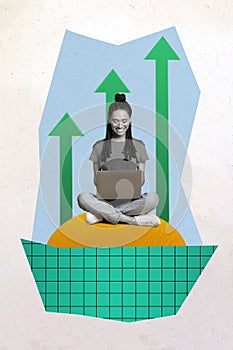 Poster atwork sketch 3d collage of successful girl use netbook write sms message analyze bitcoin growth isolated on