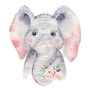 A poster with a baby elephant. Watercolor cartoon elephant tropical animal illustration. Jungle exotic summer print.