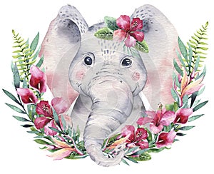 A poster with a baby elephant. Watercolor cartoon elephant tropical animal illustration. Jungle exotic summer print.