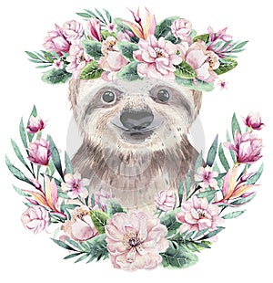 A poster with a baby sloth. Watercolor cartoon sloth tropical animal illustration. Jungle exotic summer print.