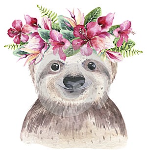 A poster with a baby sloth. Watercolor cartoon sloth tropical animal illustration. Jungle exotic summer print.