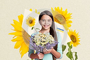 Poster banner advert collage of child girl holding wildflower bunch over patriotic background advertise pray for peace