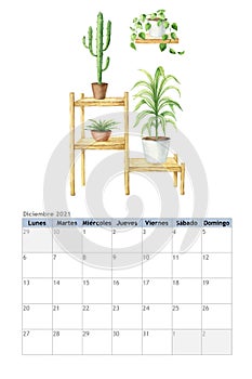 Poster, banner, background, cover, card related to 2021 calendar. December in spanish