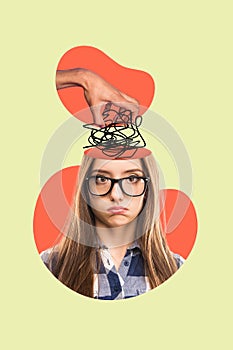Poster banner collage of frustrated lady worker with tangled strings complicated question concept finding answer on work