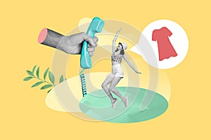 Poster banner collage of funky lady traveler prepare summer vacation leisure resort order new collection dress using