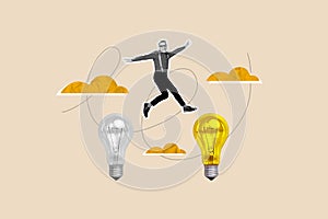 Poster banner collage of inspired excited retired man jumping over reach light bulb incredible genius ideas for work