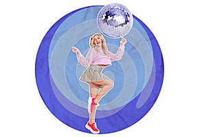 Poster banner collage sketch of cheerful positive girl hand fingers hold disco ball celebrate hen party isolated on