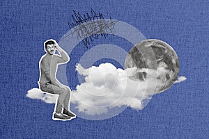 Poster banner collage of uncertain guy playing video simulation game about astronomy air flying get lost sit cloud