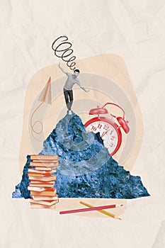 Poster banner collage of young guy climb up mountain balancing book education self development concept