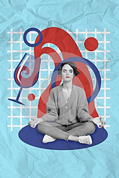 Poster banner image collage of calm young lady have meditating exercise recover from alcohol addiction withdrawal