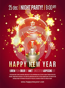 Poster or Banner with Realistic Lamp and Symbol of Christmas Tree Instead of the Filament of Incandescence on a Dark