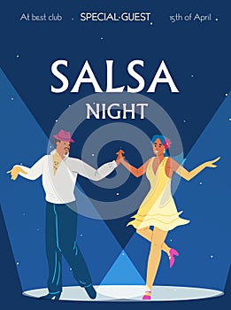 Poster or banner for salsa night in dance club, flat vector illustration.