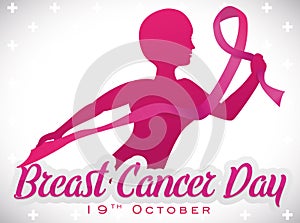 Brave Woman with Pink Ribbon Fighting in Breast Cancer Day, Vector Illustration