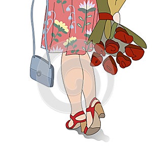 Poster with beautiful female legs in red sandals. A girl in a pink dress and a gray handbag, goes on a date. Behind a beautiful bo