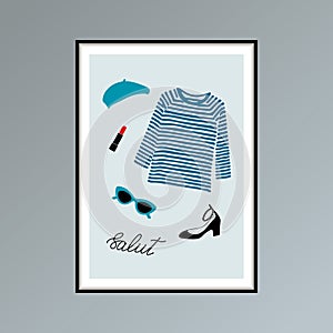 Poster with beret, striped longlsleeve shirt, lipstick, shoe and hand lettered word salut, hello in French.