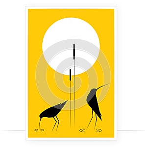 Birds silhouettes and bamboo on sunset, vector. Waterbirds illustration isolated on yellow background. Modern art design
