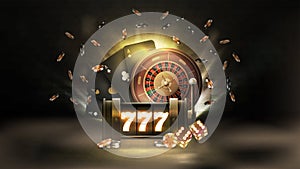 Poster with black neon slot machine, black playing cards, Roulette, dice and poker chips in fog on dark background