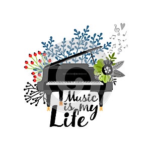 Poster with black piano and cute flowers