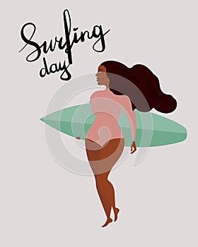 Poster with black surfer girl with surfboard. Lettering International Surfing day