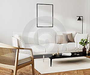 Poster blank frame mock up in home living room interior with white sofa and coffee table with decor, 3d rendering