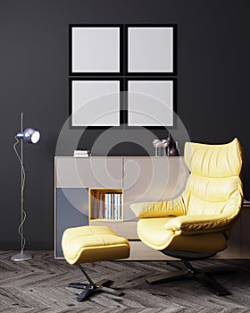 Poster blank frames in stylish interior of dark living room with yellow armchair, floor lamp and console with decoration. 3d