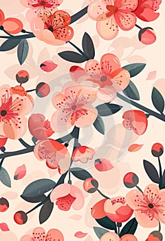 Poster with blooming twigs, branches of cherry on white background