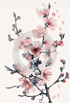 Poster with blooming twigs, branches of cherry on white background