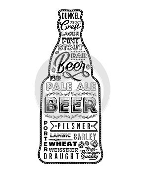 Poster bottle of beer with hand-drawn lettering. Vector Illustration