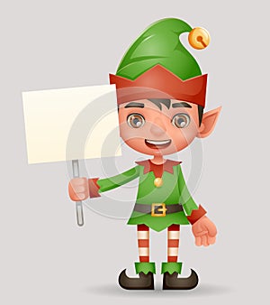 Poster broadsheet advert christmas elf boy santa claus helper new year holiday 3d cartoon design vector illustration