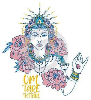 poster with buddhist mantra `om tare tuttare` and beautiful female goddess